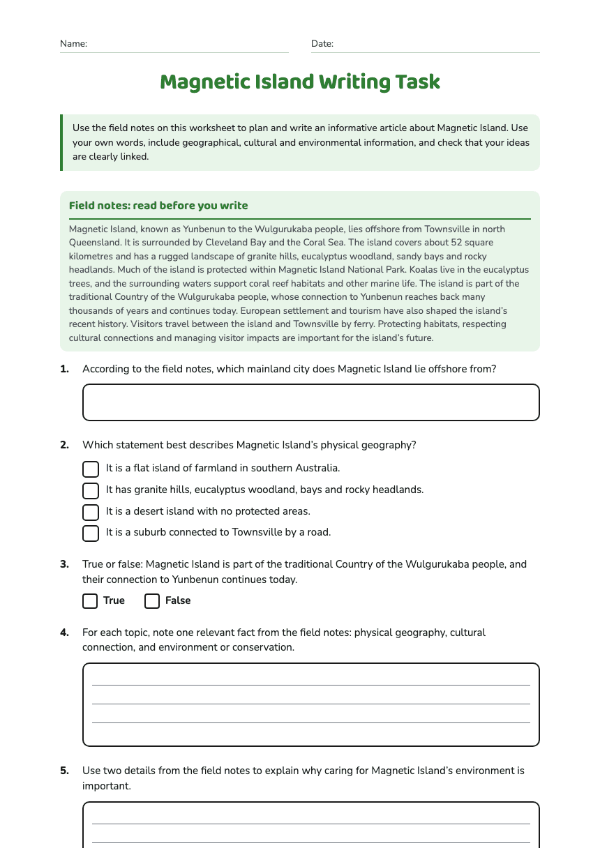 Magnetic Island Writing Task worksheet preview