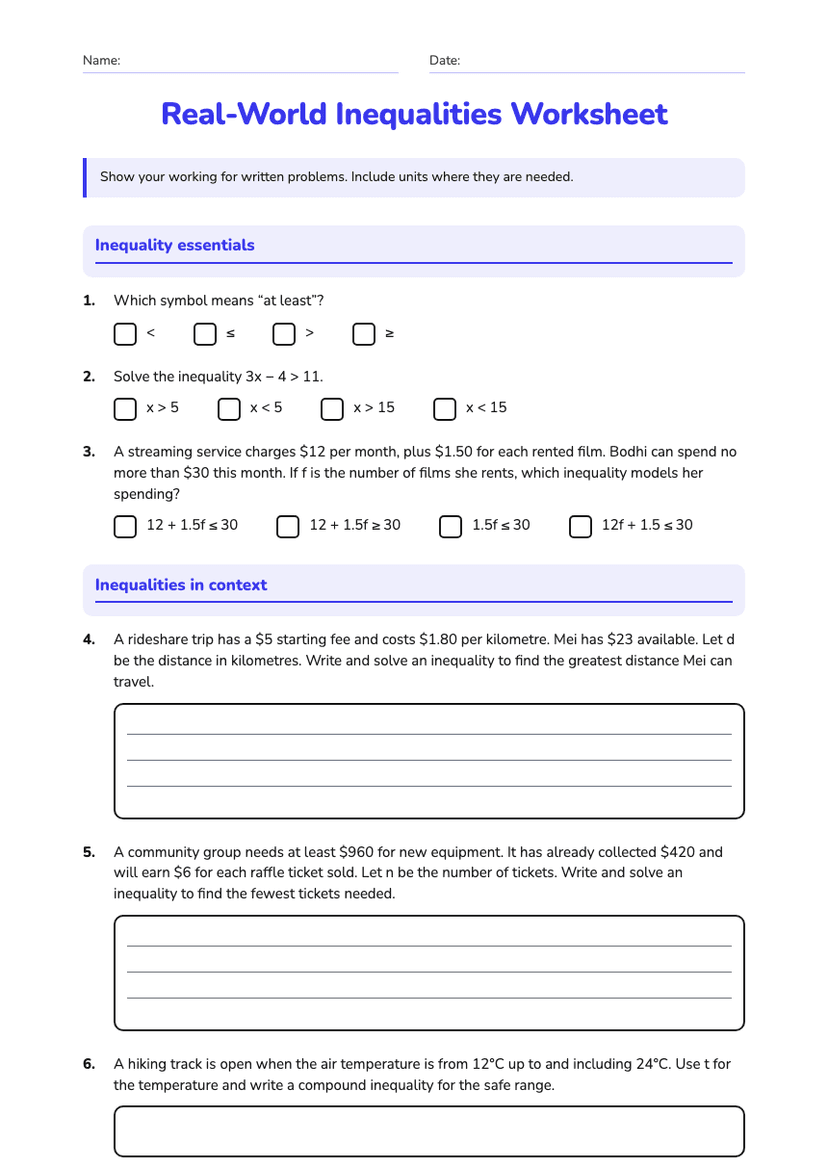 Real-World Inequalities Worksheet