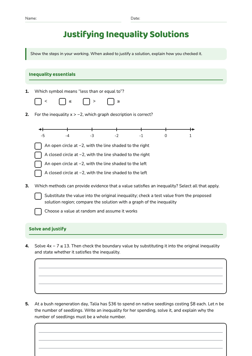 Justifying Inequality Solutions worksheet preview