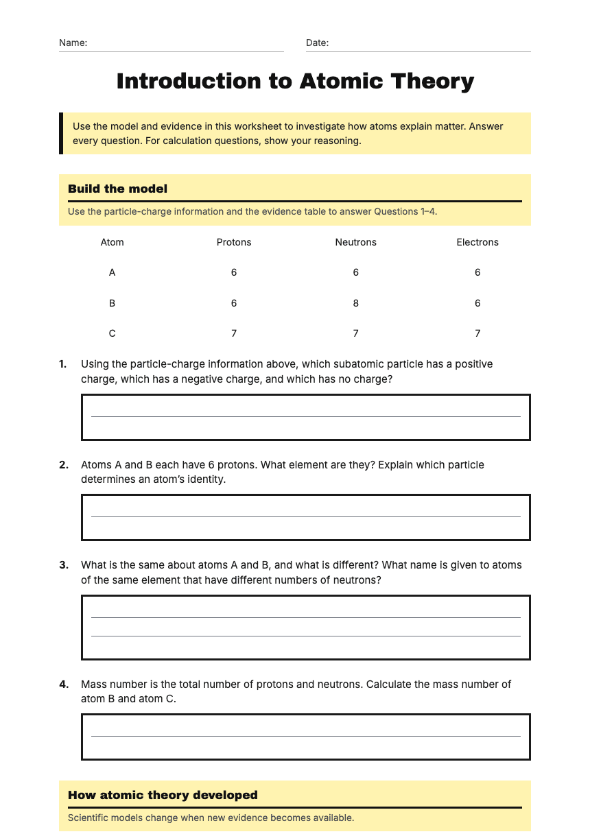 Introduction to Atomic Theory worksheet preview