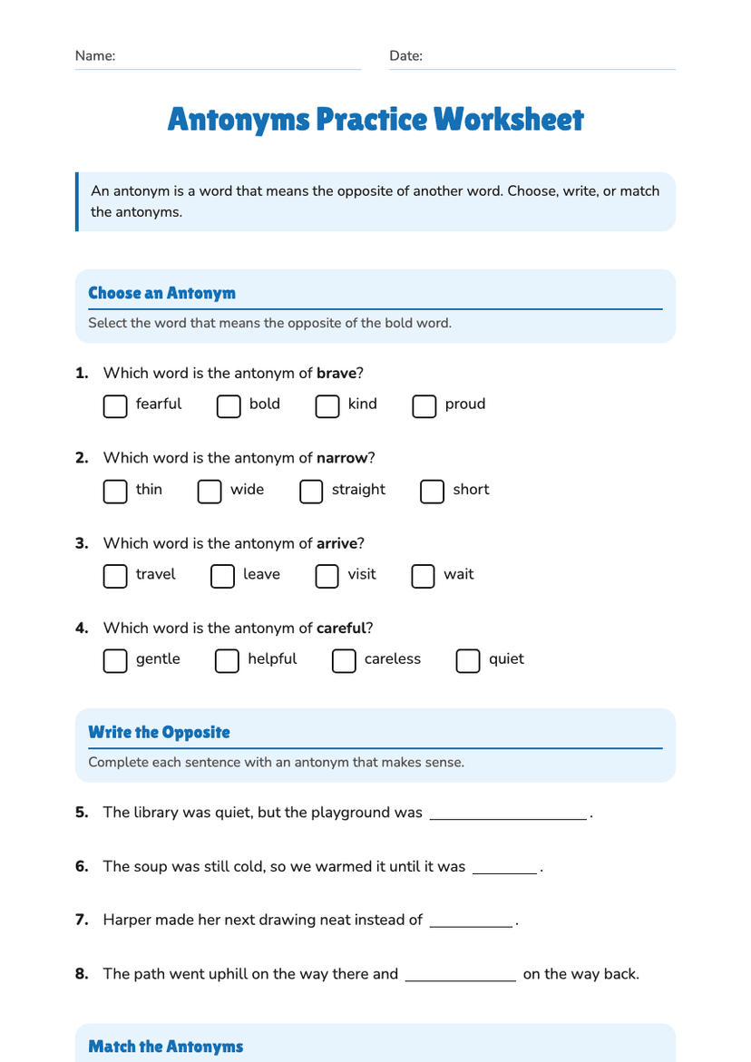 Antonyms Practice Worksheet