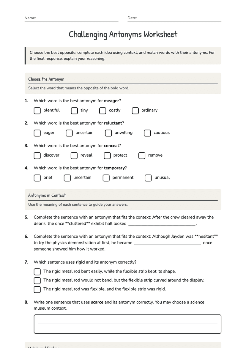 Challenging Antonyms Worksheet