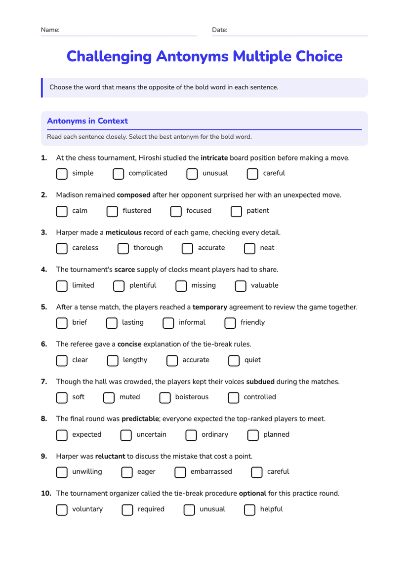 Challenging Antonyms Multiple Choice