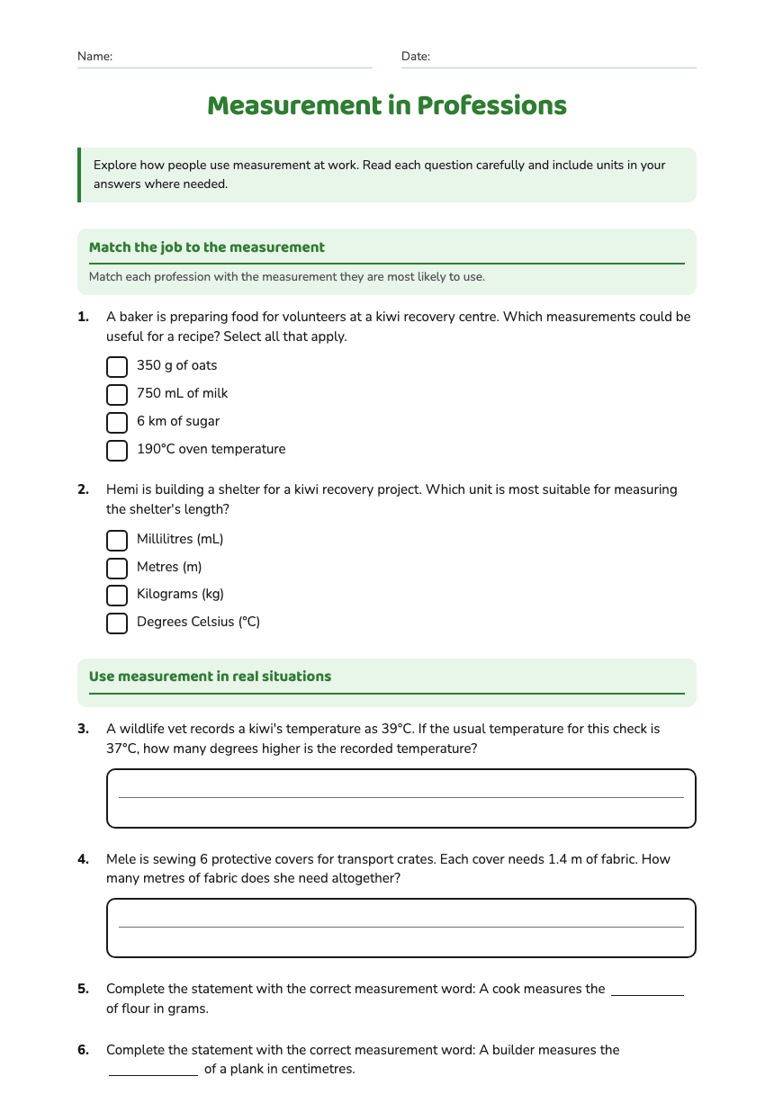 Measurement in Professions worksheet preview