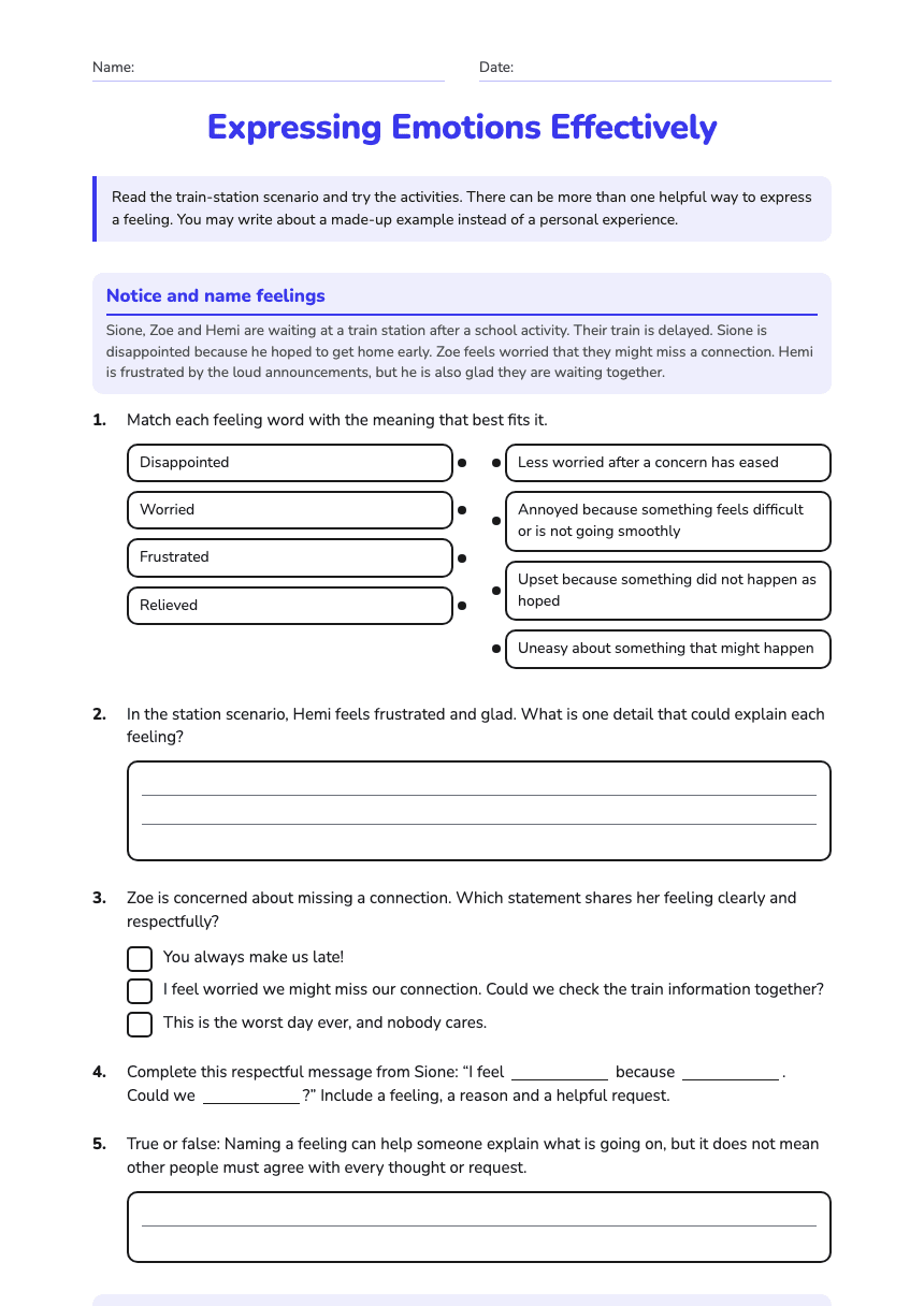 Expressing Emotions Effectively worksheet preview