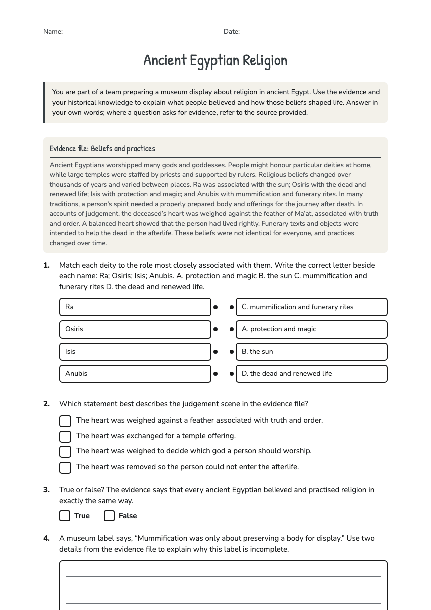 Ancient Egyptian Religion worksheet preview