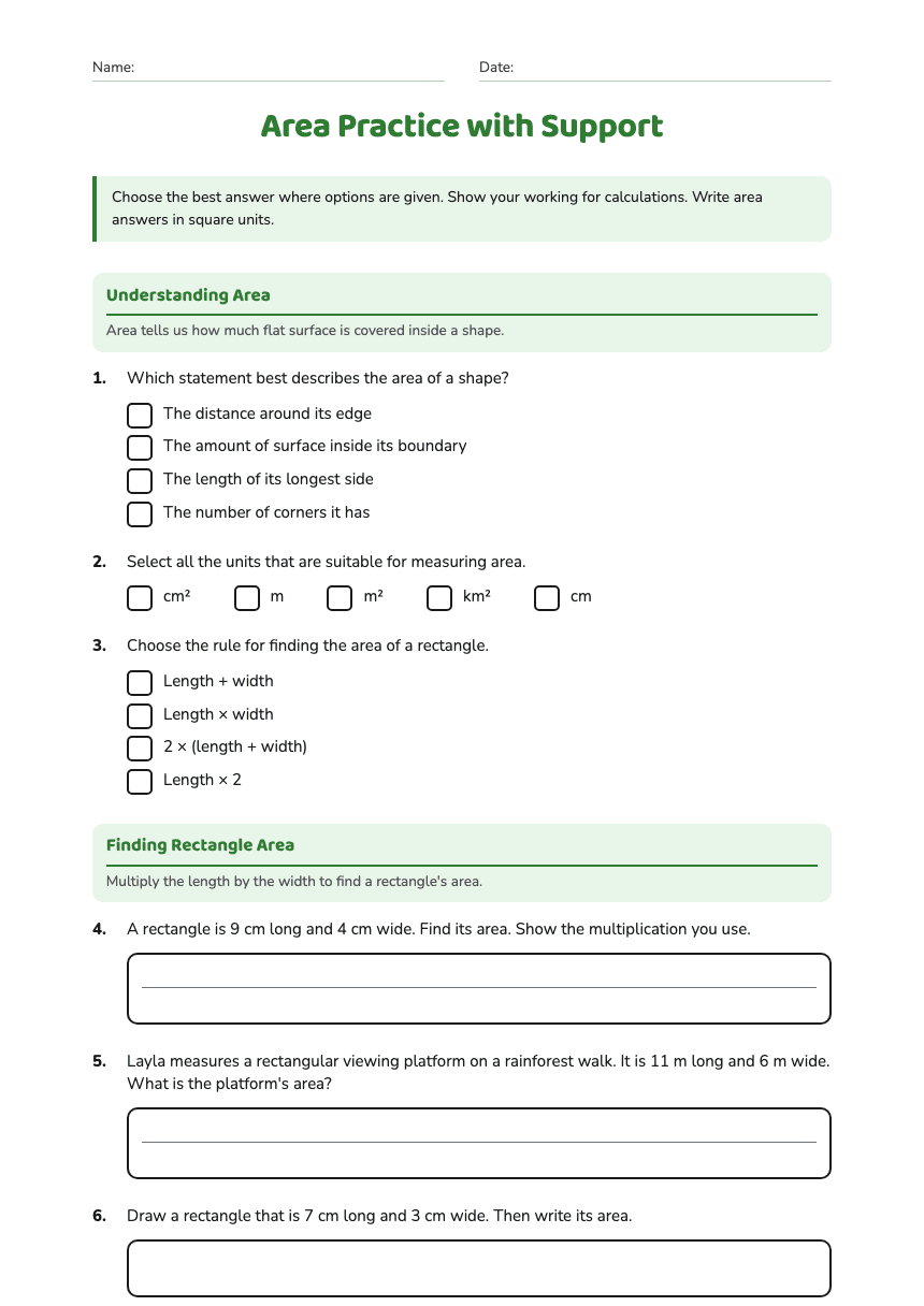 Area Practice with Support worksheet preview