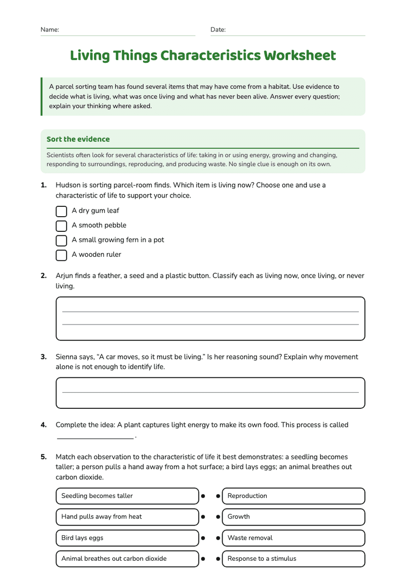 Living Things Characteristics Worksheet