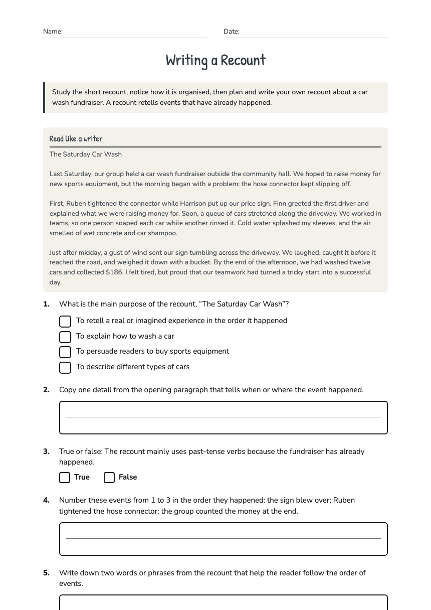 Writing a Recount worksheet preview
