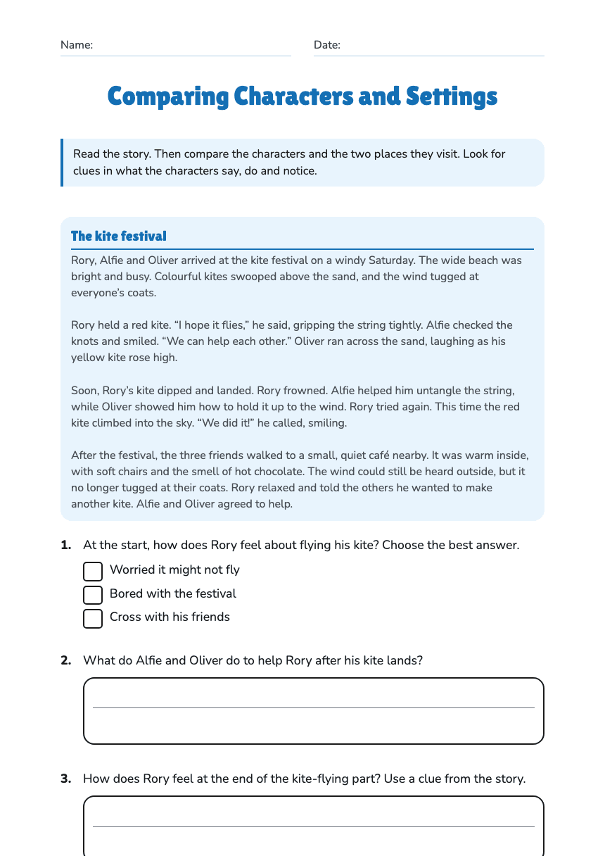 Comparing Characters and Settings worksheet preview