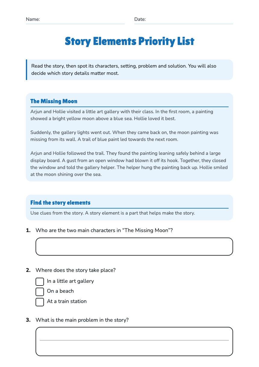 Story Elements Priority List worksheet preview