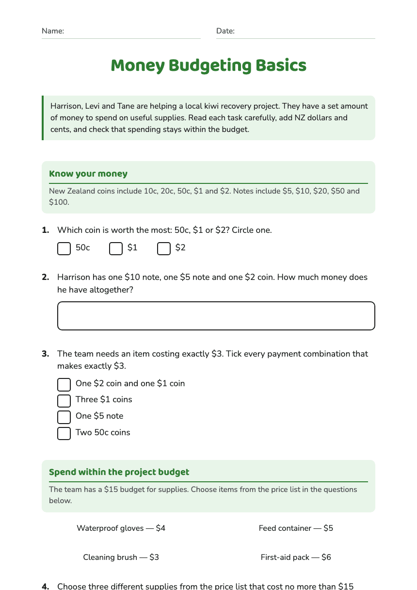 Money Budgeting Basics worksheet preview