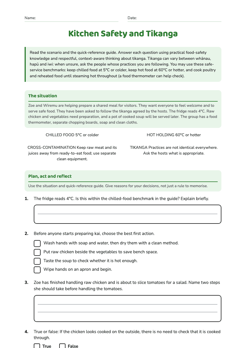 Kitchen Safety and Tikanga worksheet preview