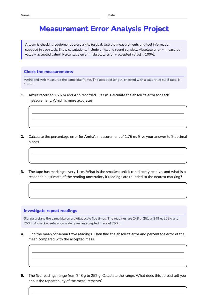 Measurement Error Analysis Project worksheet preview