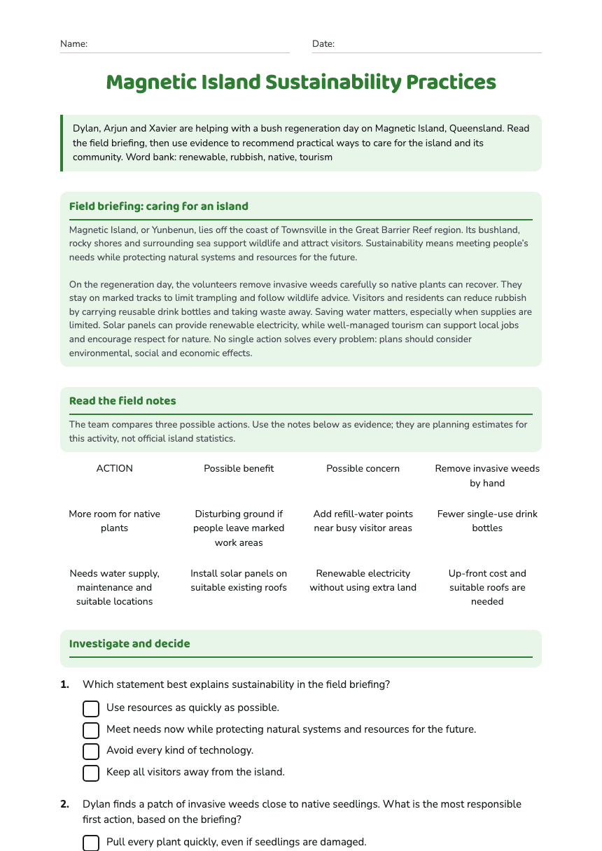 Magnetic Island Sustainability Practices worksheet preview