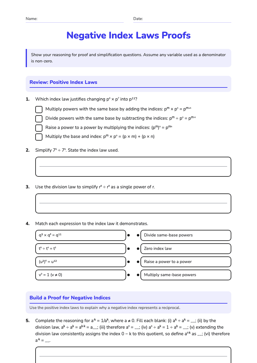 Negative Index Laws Proofs worksheet preview