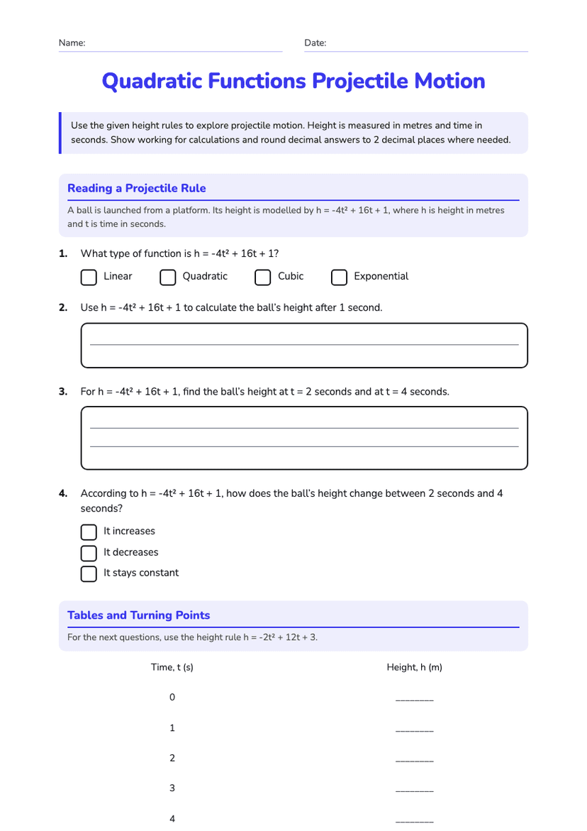 Quadratic Functions Projectile Motion