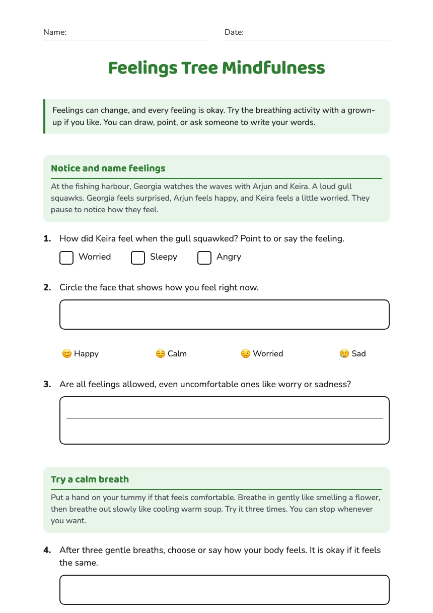 Feelings Tree Mindfulness worksheet preview