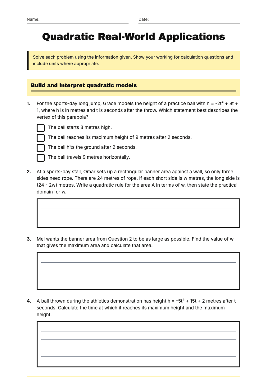 Quadratic Real-World Applications worksheet preview