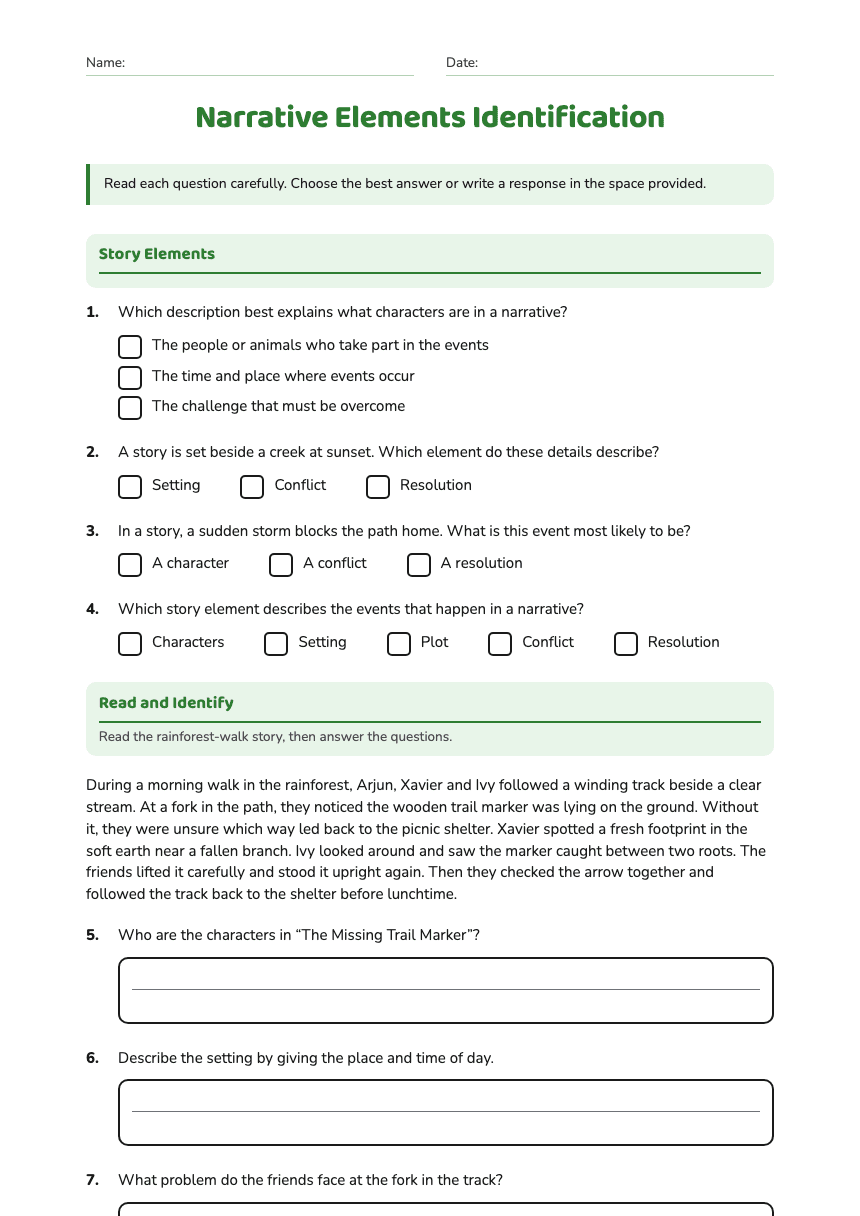 Narrative Elements Identification worksheet preview