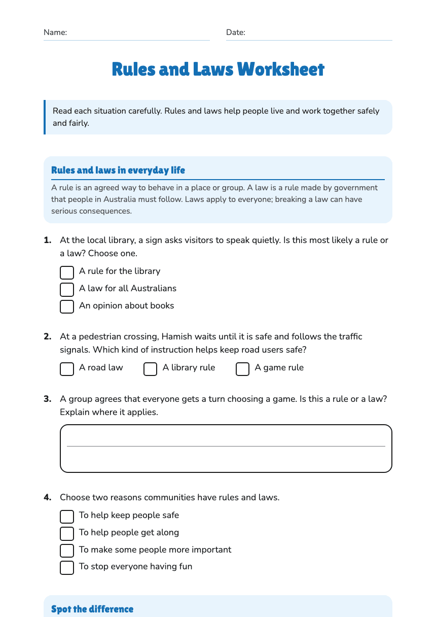 Rules and Laws Worksheet worksheet preview