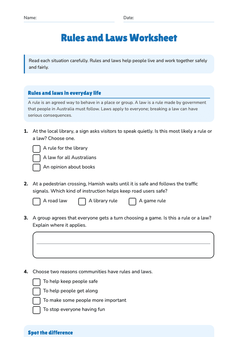 Rules and Laws Worksheet
