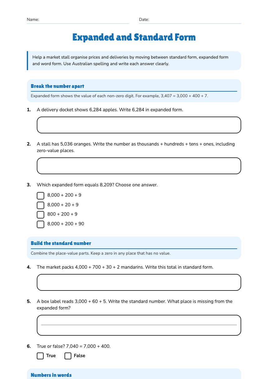 Expanded and Standard Form worksheet preview