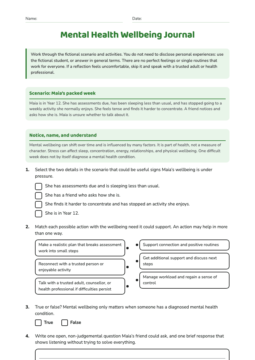 Mental Health Wellbeing Journal worksheet preview