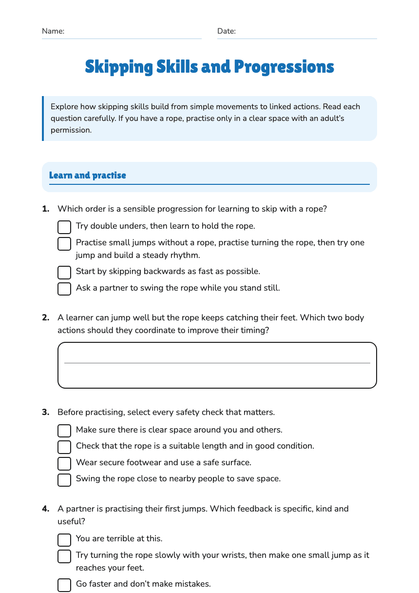 Skipping Skills and Progressions worksheet preview