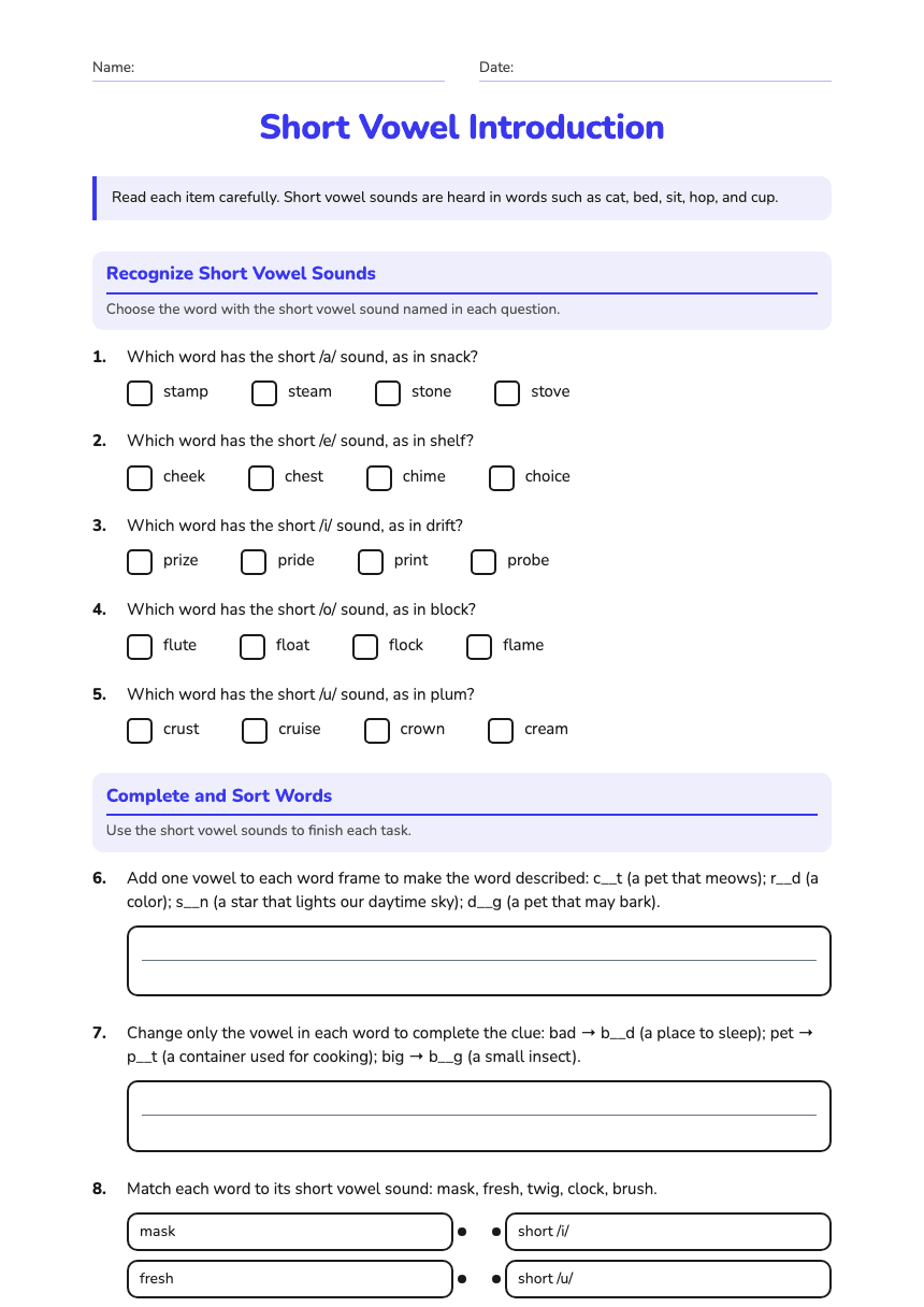 Short Vowel Introduction worksheet preview