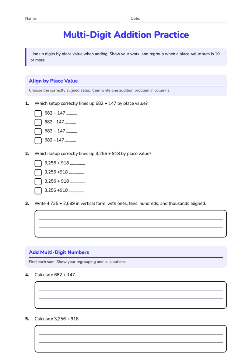 Multi-Digit Addition Practice