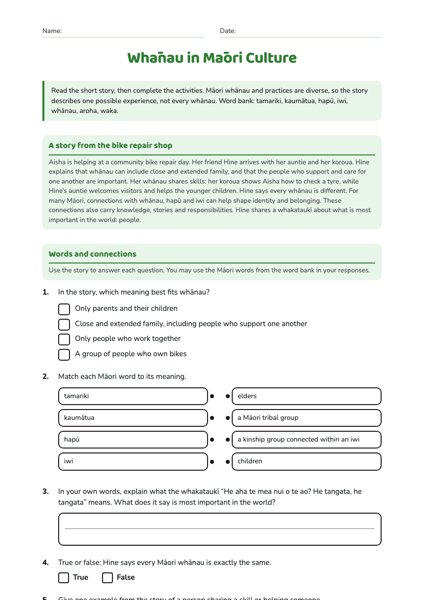 Whānau in Māori Culture worksheet preview