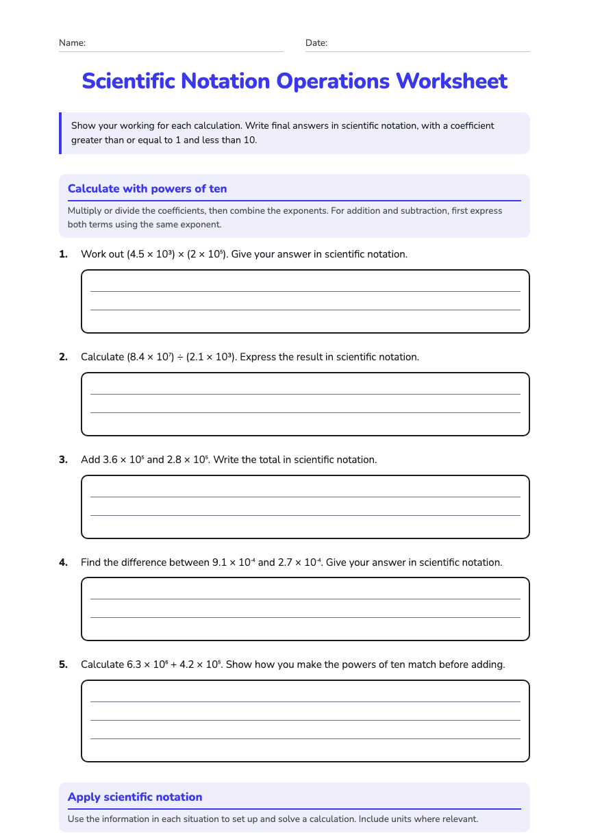 Scientific Notation Operations Worksheet worksheet preview