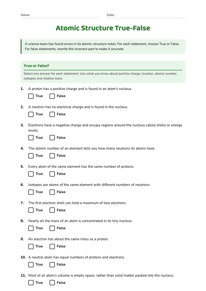 Atomic Structure True-False worksheet preview