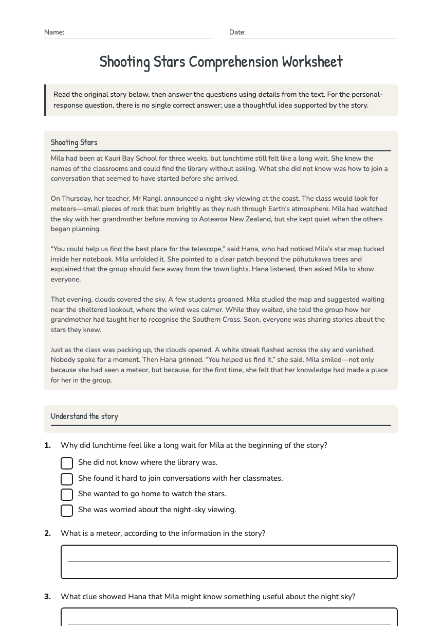 Shooting Stars Comprehension Worksheet worksheet preview
