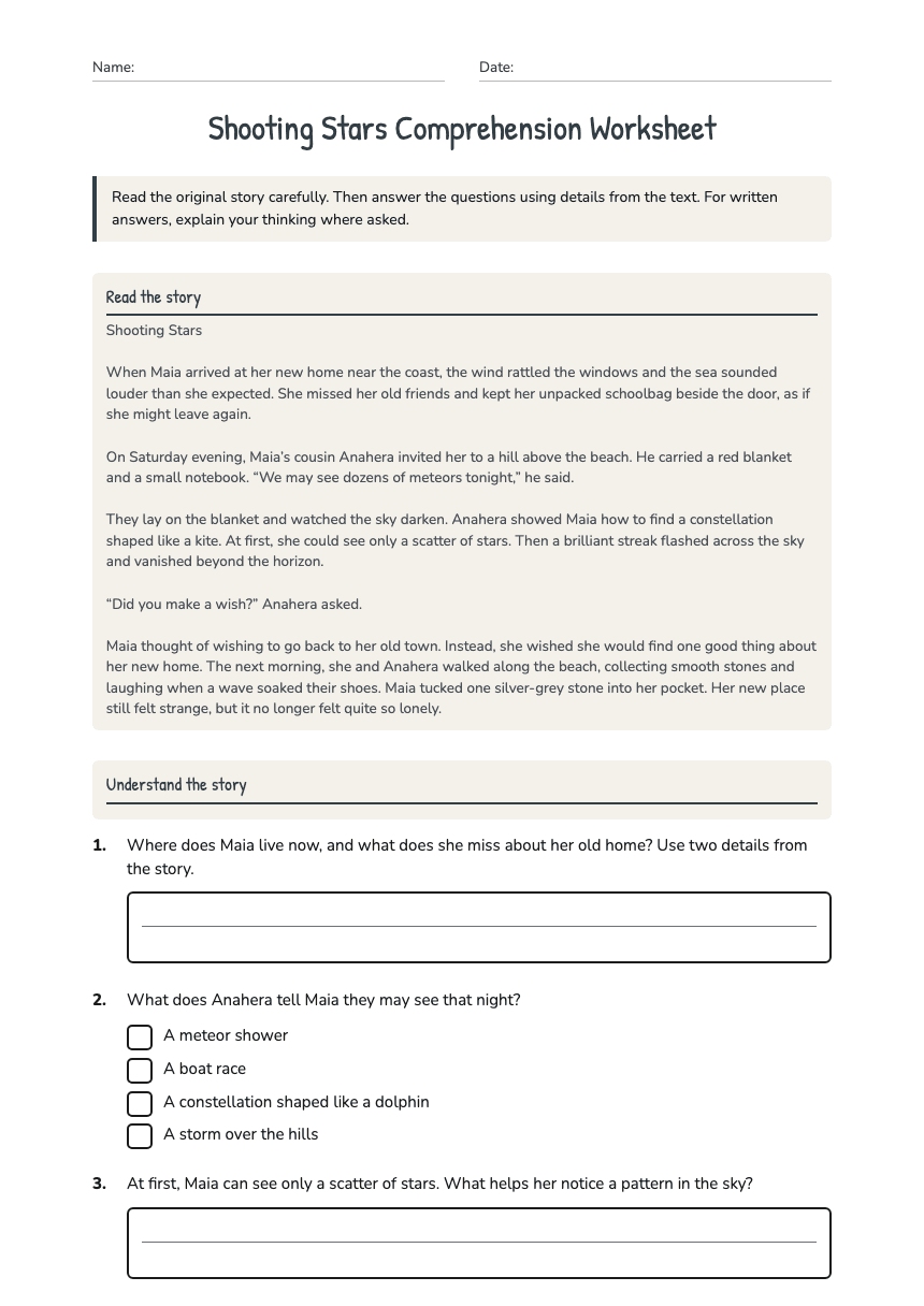 Shooting Stars Comprehension Worksheet worksheet preview