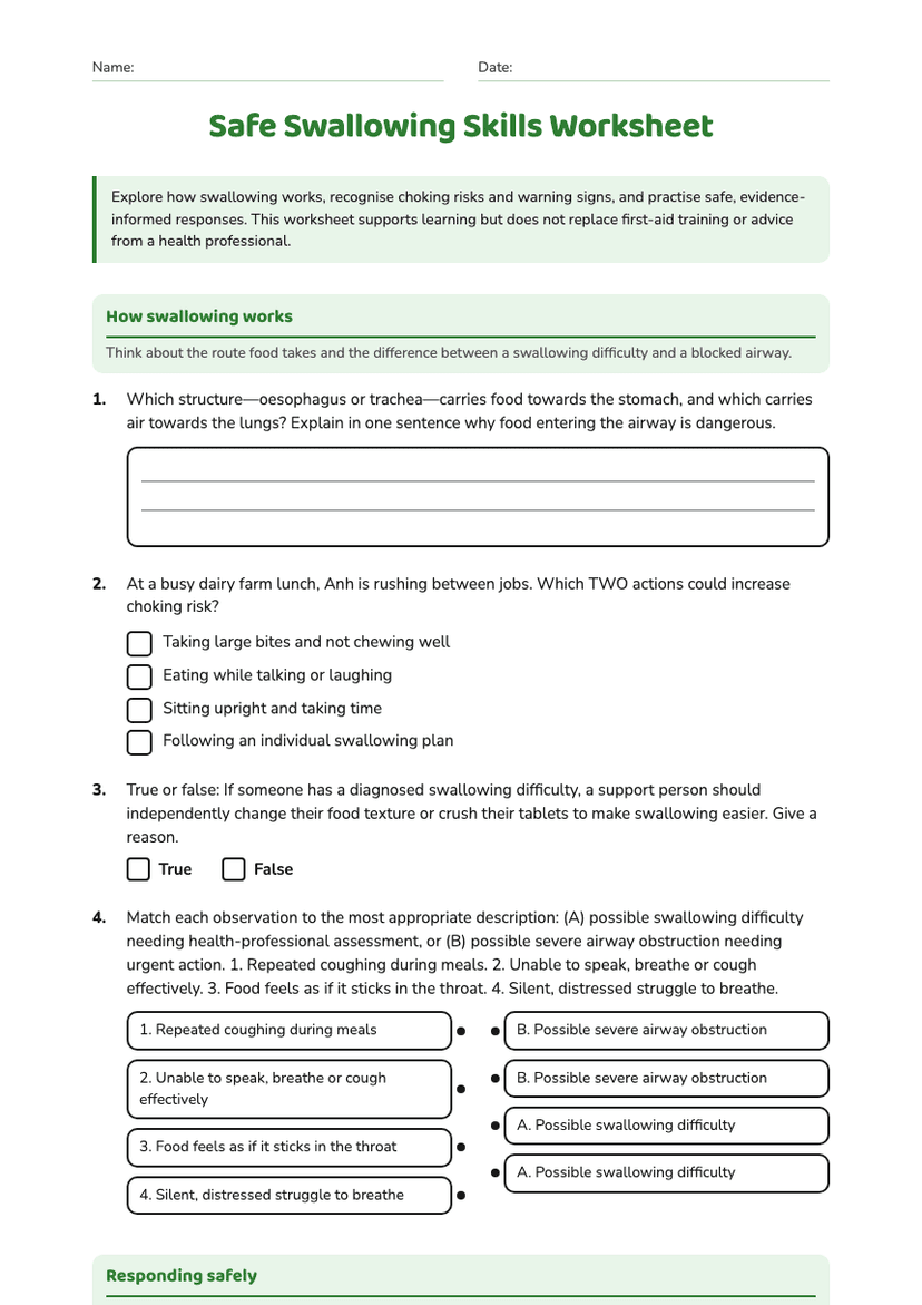 Safe Swallowing Skills Worksheet