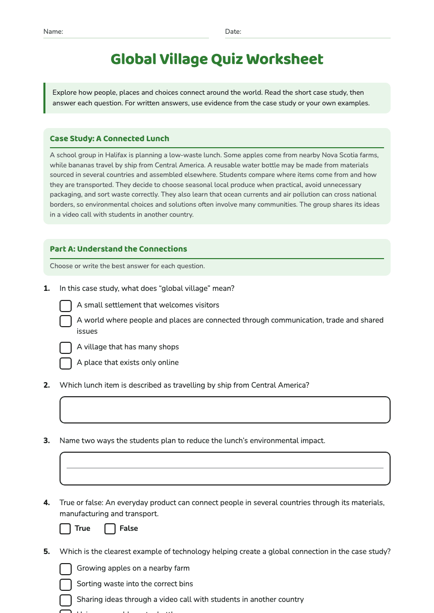 Global Village Quiz Worksheet worksheet preview