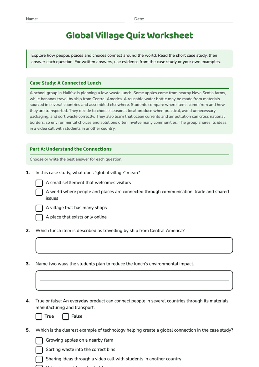 Global Village Quiz Worksheet