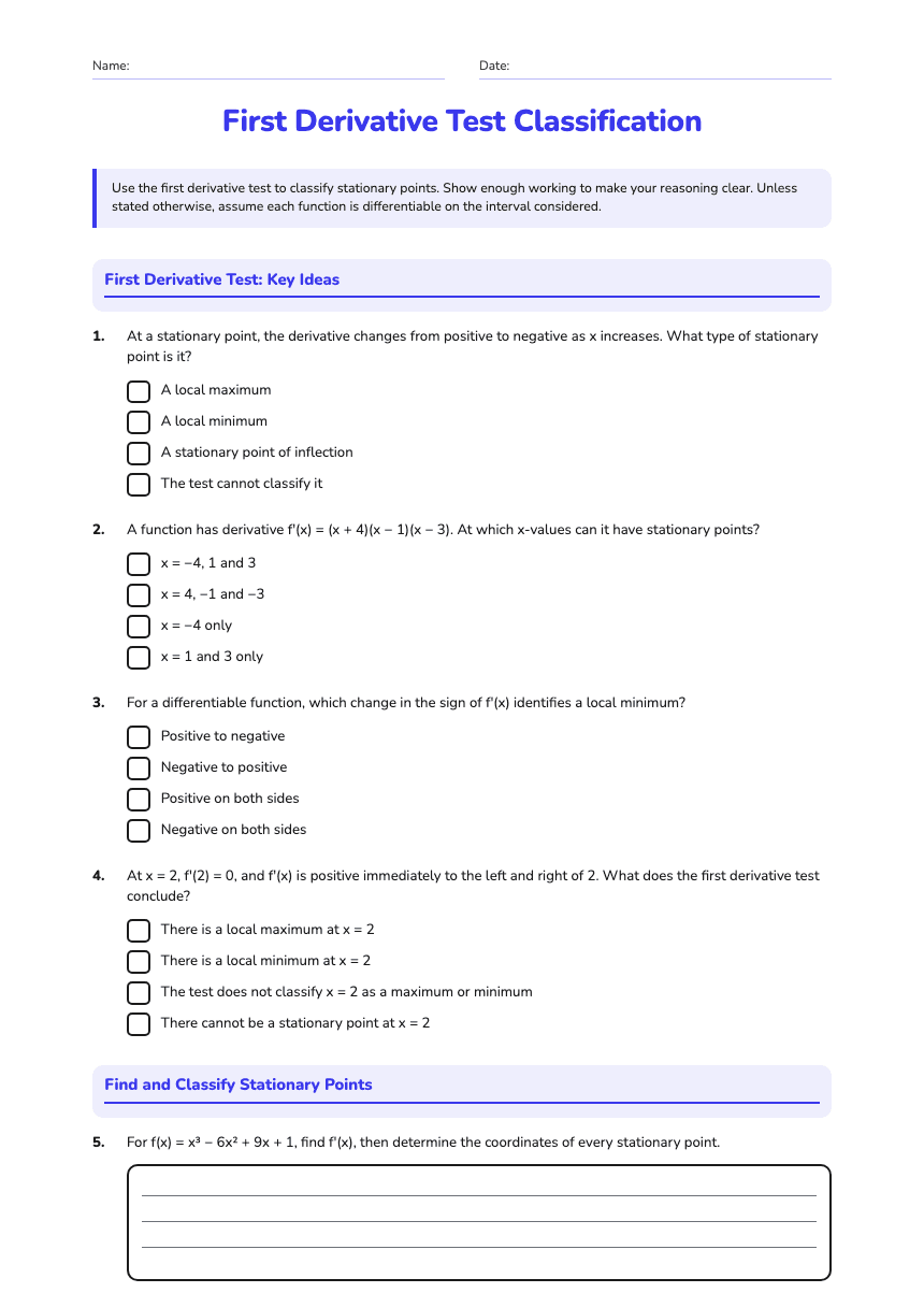 First Derivative Test Classification worksheet preview