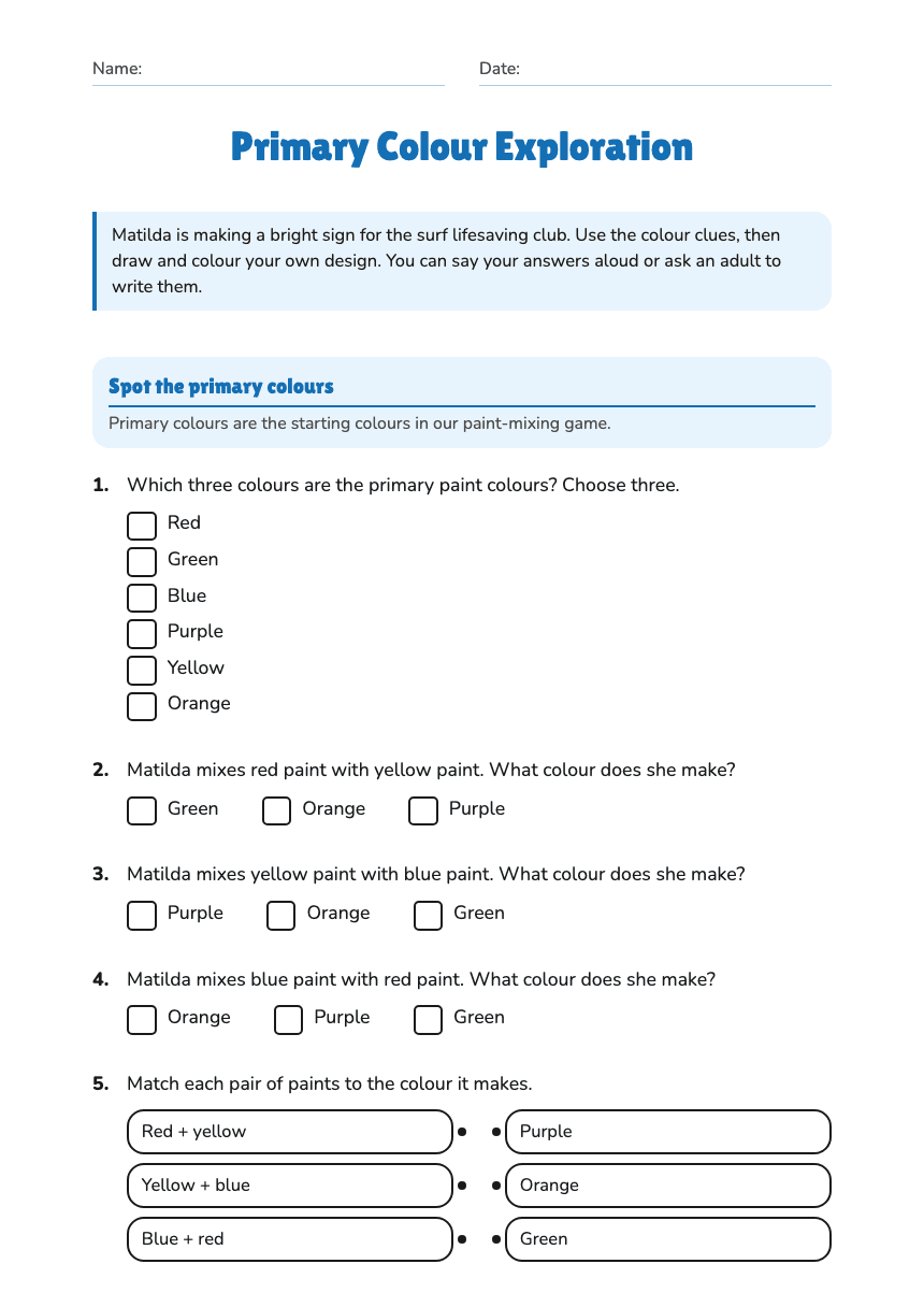 Primary Colour Exploration worksheet preview