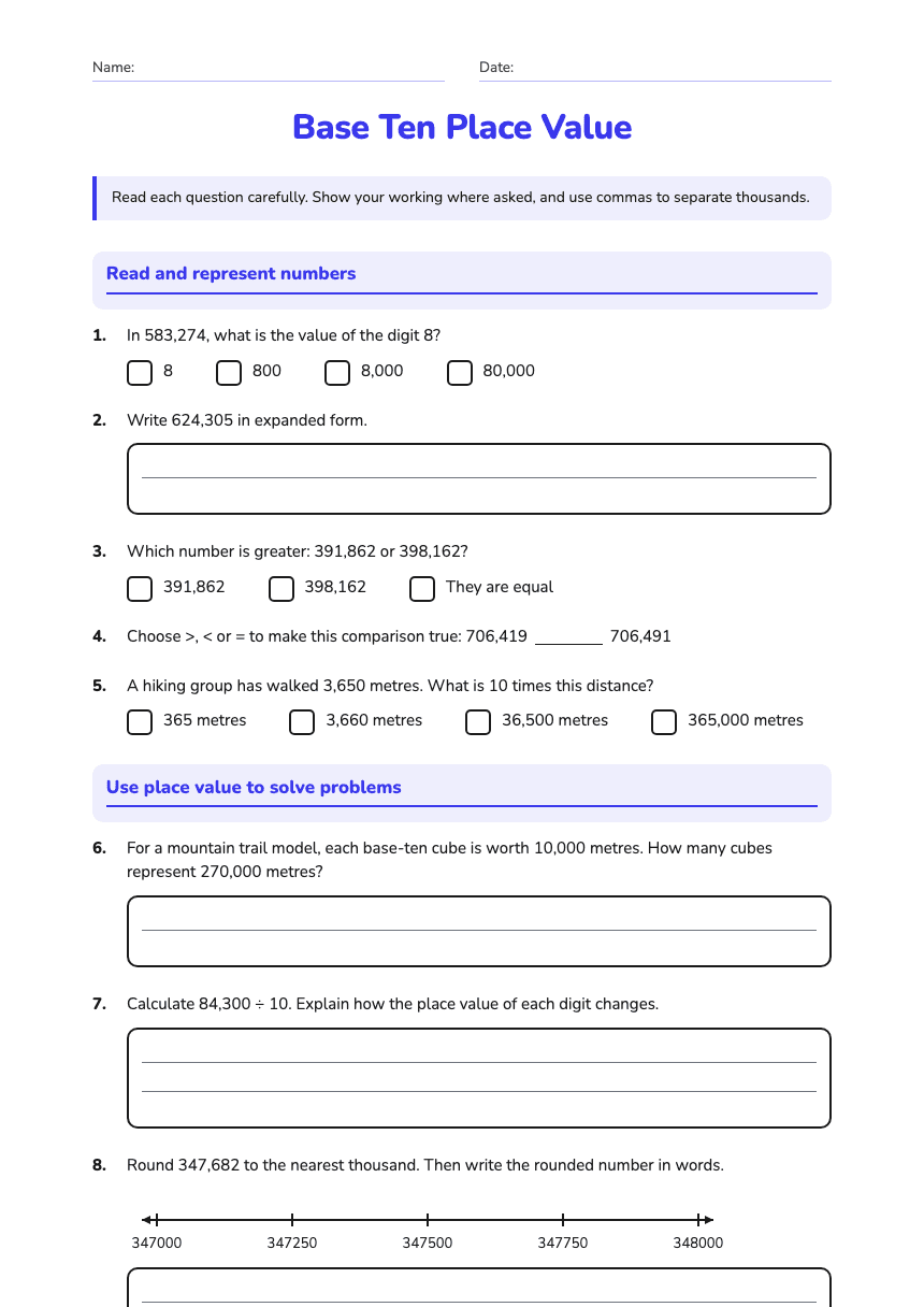 Base Ten Place Value worksheet preview