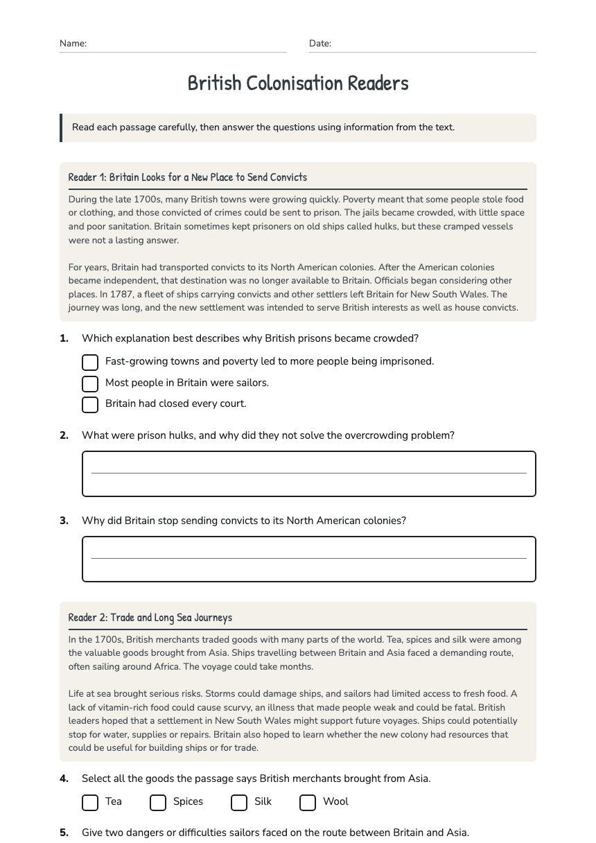 British Colonisation Readers worksheet preview