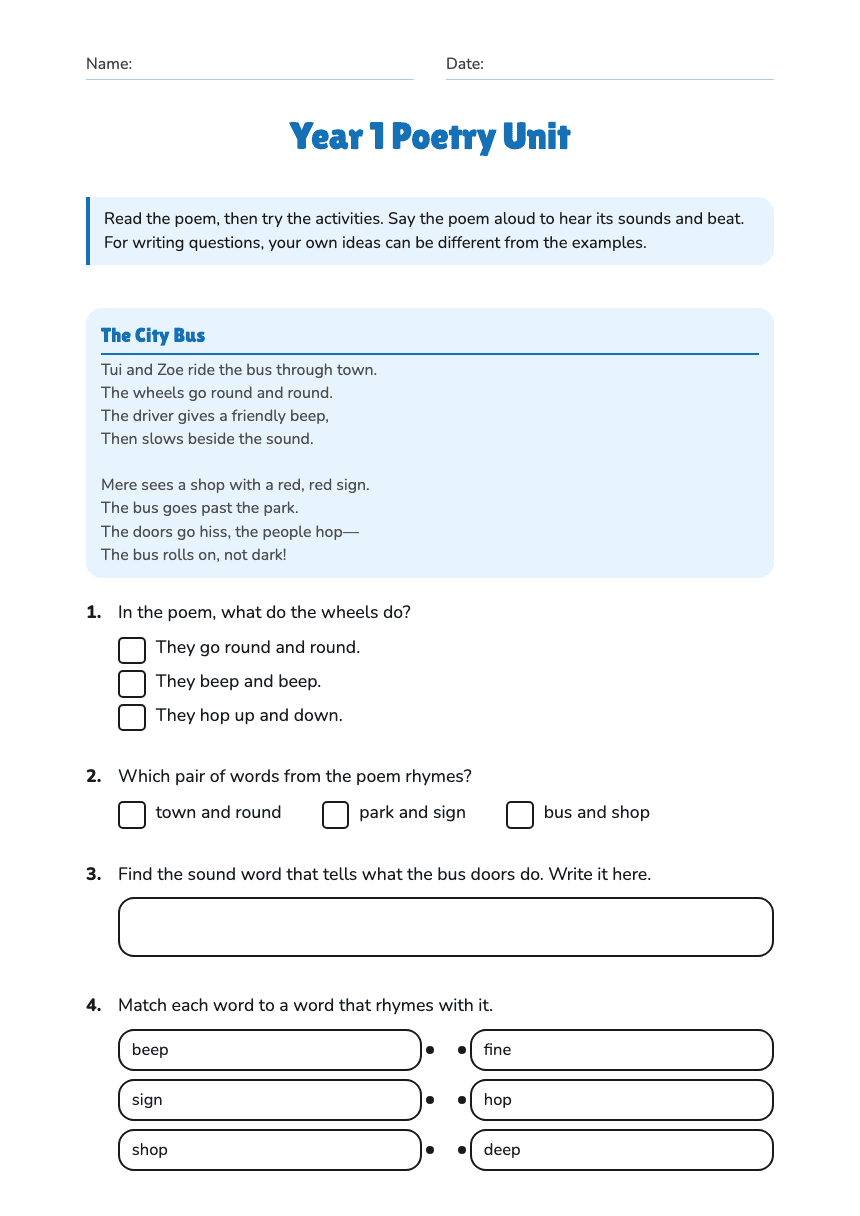 Year 1 Poetry Unit worksheet preview