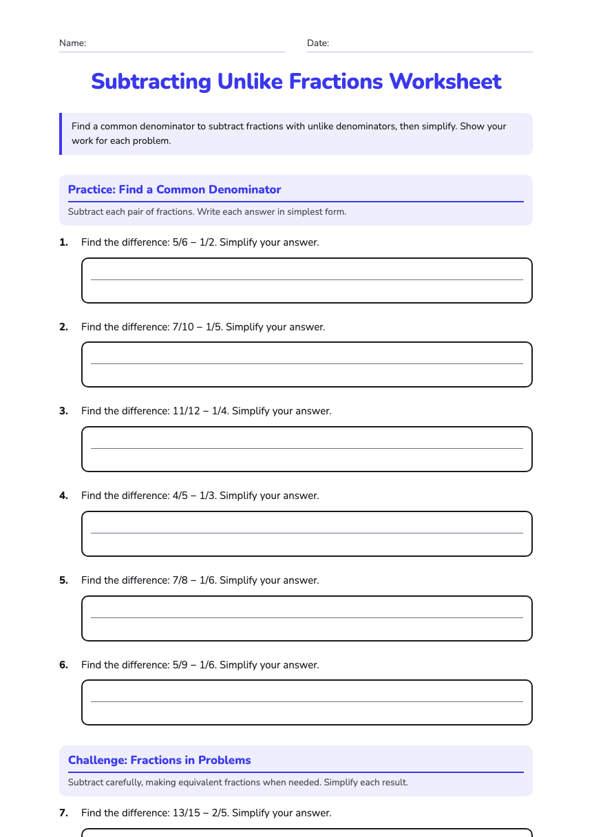 Subtracting Unlike Fractions Worksheet worksheet preview