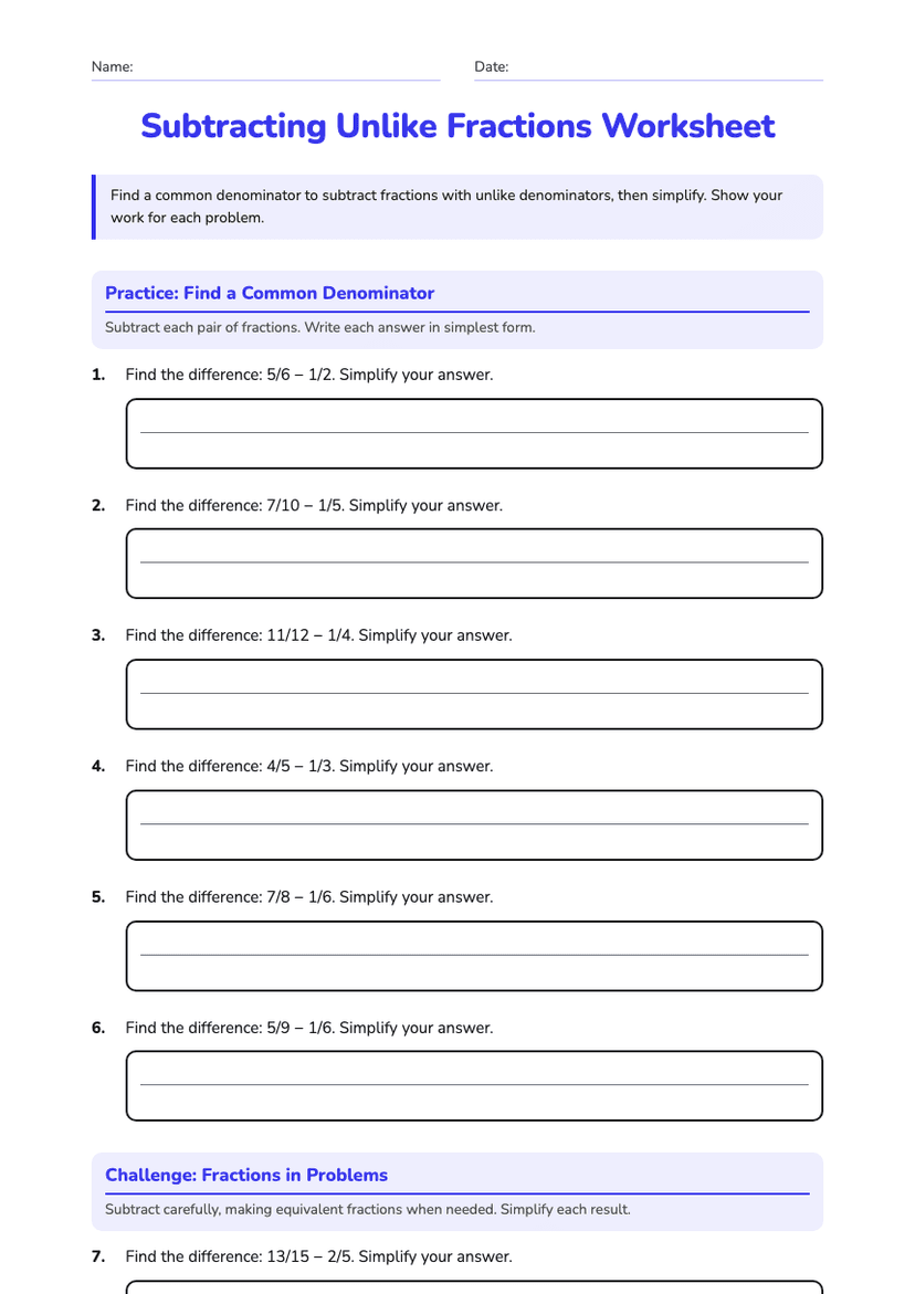 Subtracting Unlike Fractions Worksheet