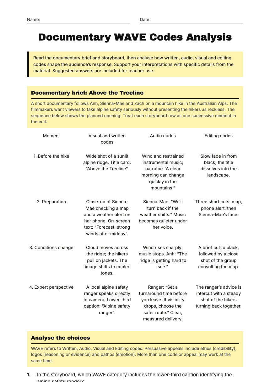 Documentary WAVE Codes Analysis worksheet preview