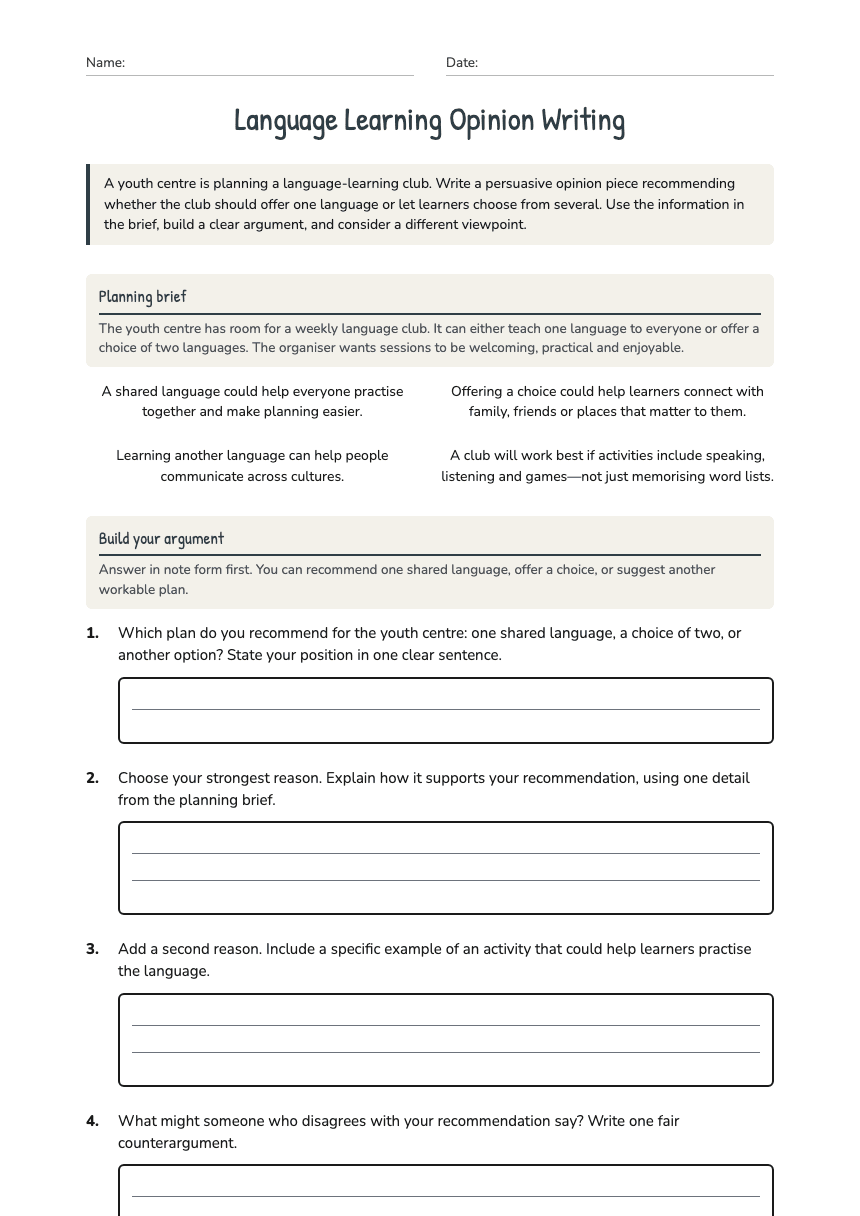 Language Learning Opinion Writing worksheet preview