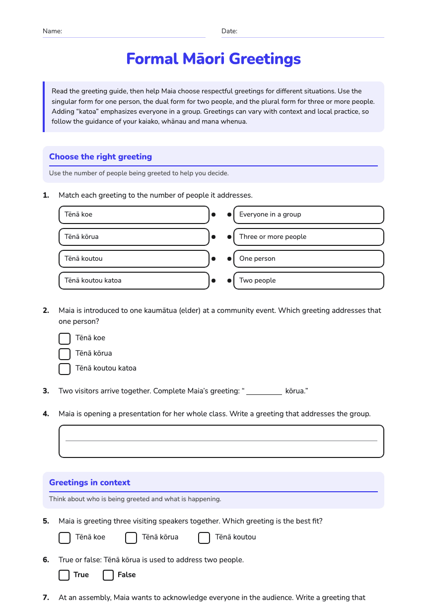 Formal Māori Greetings worksheet preview