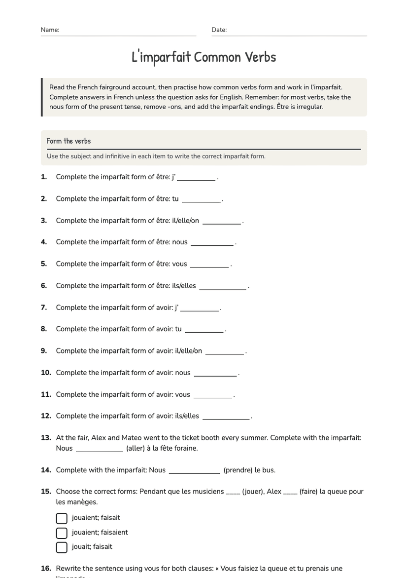 L'imparfait Common Verbs